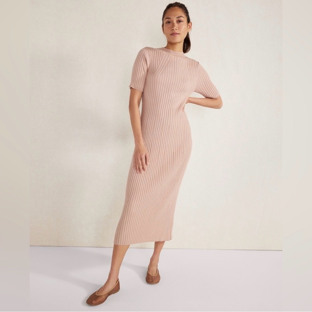 Varley Maeve Ribbed Knit Midi Dress Women’s XL Warm Taupe Neutral Short Sleeve - Picture 2 of 13
